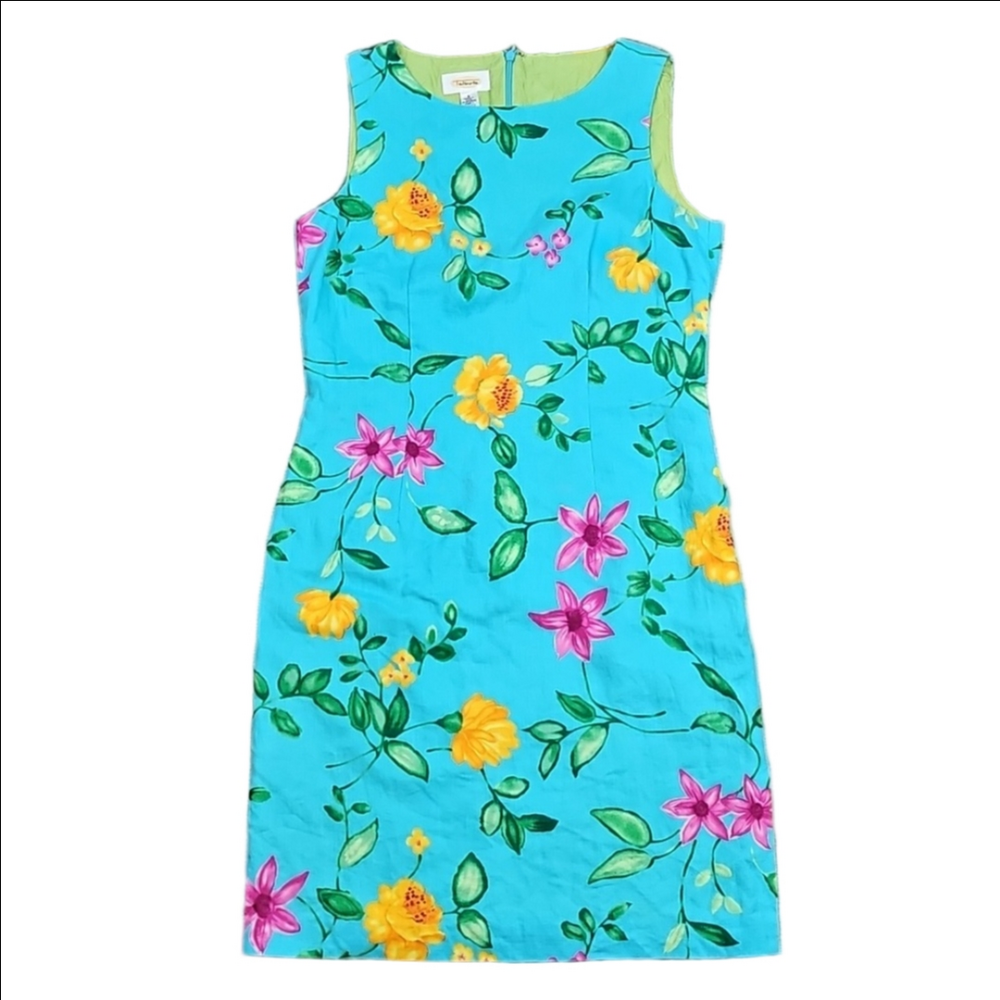 Talbots 100% Linen Bright Aqua Pink Yellow Floral Print Sleeveless Sheath Dress - Picture 2 of 16